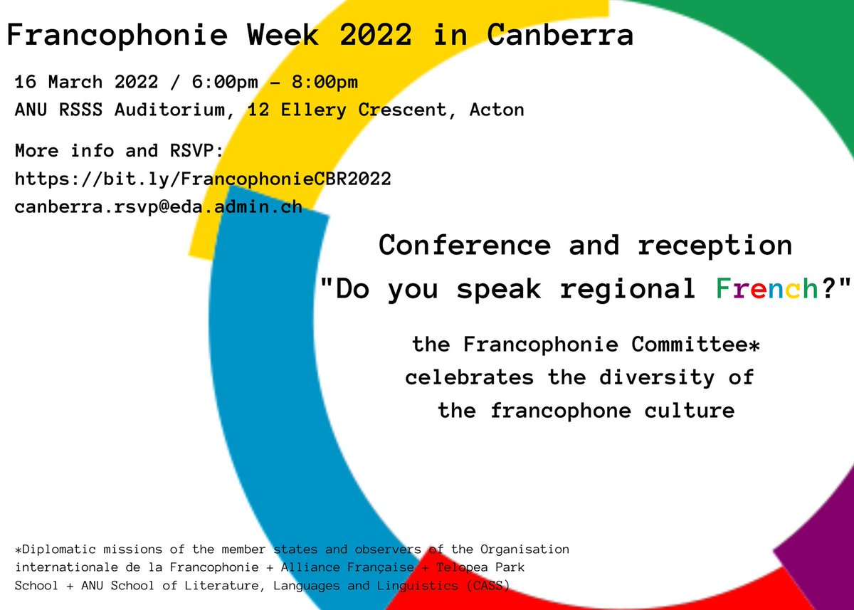 SwissEmbassyAUS's tweet photo. An est. 300 million people across 5 continents share a language: French. But the way we speak it reflects the diversity of our🌍. Join us on 16 March to find out how and for an interactive celebration of the Francophone culture! #Francophonie2022
RSVP: https://t.co/a4m7lOjmyk https://t.co/k0OL3lxvOl