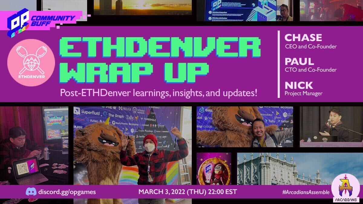 arcadia_fun's tweet photo. 🗣Community Buff: ETHDenver Wrap Up

When: Mar 3, 10pm EST
Who: @polats, @ChaseFreo and Nick
What: OPG leaders hop on Discord stages to share stories and insights on their adventures at ETHDenver - the biggest community blockchain event on earth. 👀

Come thru! https://t.co/FrpgRI2Dzy