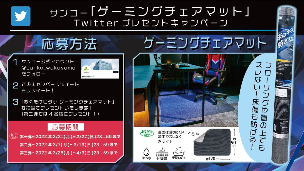sanko_wakayama's tweet photo. ＼フォロー＆RTキャンペーン第二弾／
熱い戦いが続く #LJL2022
サンコーはCrest Gamingを足元から応援！

Kaito選手（@kaito199970）も愛用の #ゲーミングチェアマット を4名様にプレゼント🎁✨

▼応募方法
①@sanko_wakayamaをフォロー
②この投稿をRT

#ゲーム好きと繋がりたい #サンコー #CGAWIN https://t.co/pyZvXbYQ4G