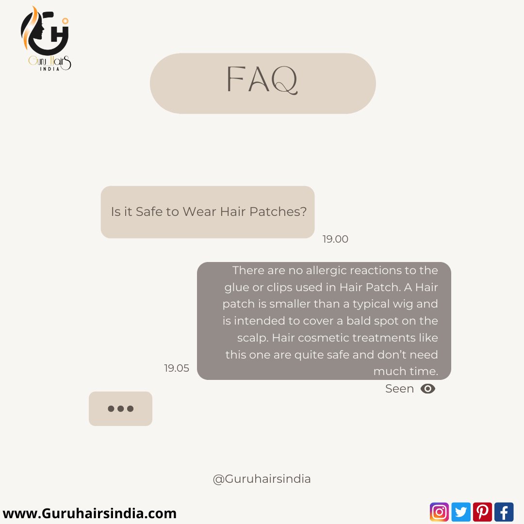 GuruHairs's tweet photo. Is it Safe to Wear Hair Patches?
There are no allergic reactions to the glue or clips used in Hair Patch. A Hair patch is smaller than a typical wig and is intended to cover a bald spot on the scalp.
Read Now:
👉 https://t.co/OQqyShJy4w
#guruhairsindia #hairextensions https://t.co/6j2nY1C6CH
