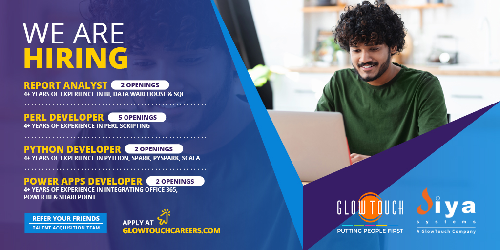 diya_systems's tweet image. Candidates with 4+ years of experience each as a Report Analyst, Perl Developer, Python Developer and Power Apps Developer, kindly apply glowtouchcareers.com
#Hiring #ReportAnalyst #PerlDeveloper #PythonDeveloper #PowerAppsDeveloper #Diya #GlowTouch