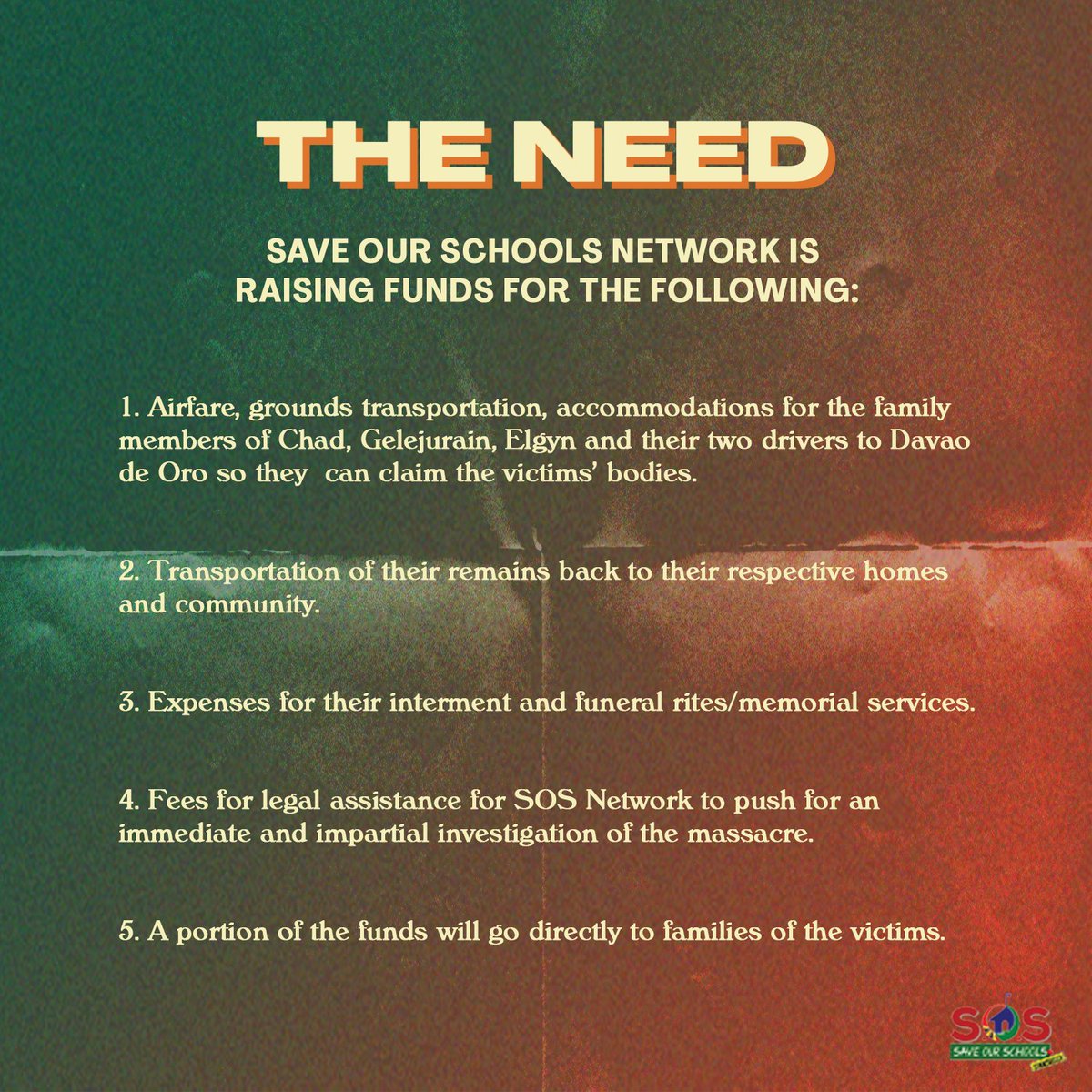 savelumadschool's tweet photo. CALL FOR DONATIONS FOR MEMORIAL FUND:

SOS Network is raising funds for the victims of New Bataan 5 Massacre. We call on allies in the country and abroad to help us support the families as we bring their loved ones to rest and clamor for justice.

#JusticeforNewBataan5Massacre https://t.co/kuB7GxGQj9