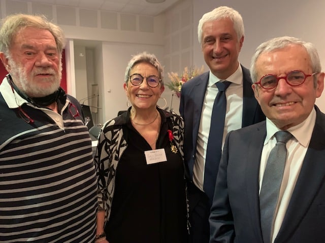 Francis Palombi,Stéphane LAYANI,Michel MOURGERE autour de Monique RUBIN lors de la cérémonie de remise d'officier de la légion d'honneur