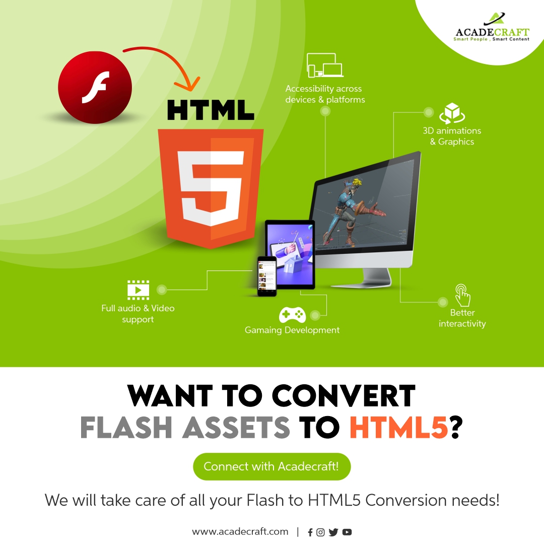 Acadecraft_Inc's tweet photo. #Convert all your Flash-based resources to HTML5-based assets. Get the best #HTML5 assets that are Faster, Lighter, Browser-Friendly, Mobile-Friendly and Easy to Maintain! Connect with #Acadecraft today for the best #flashconversion to HTML5! https://t.co/SOKiYyyAES https://t.co/FSFYJGHVIH