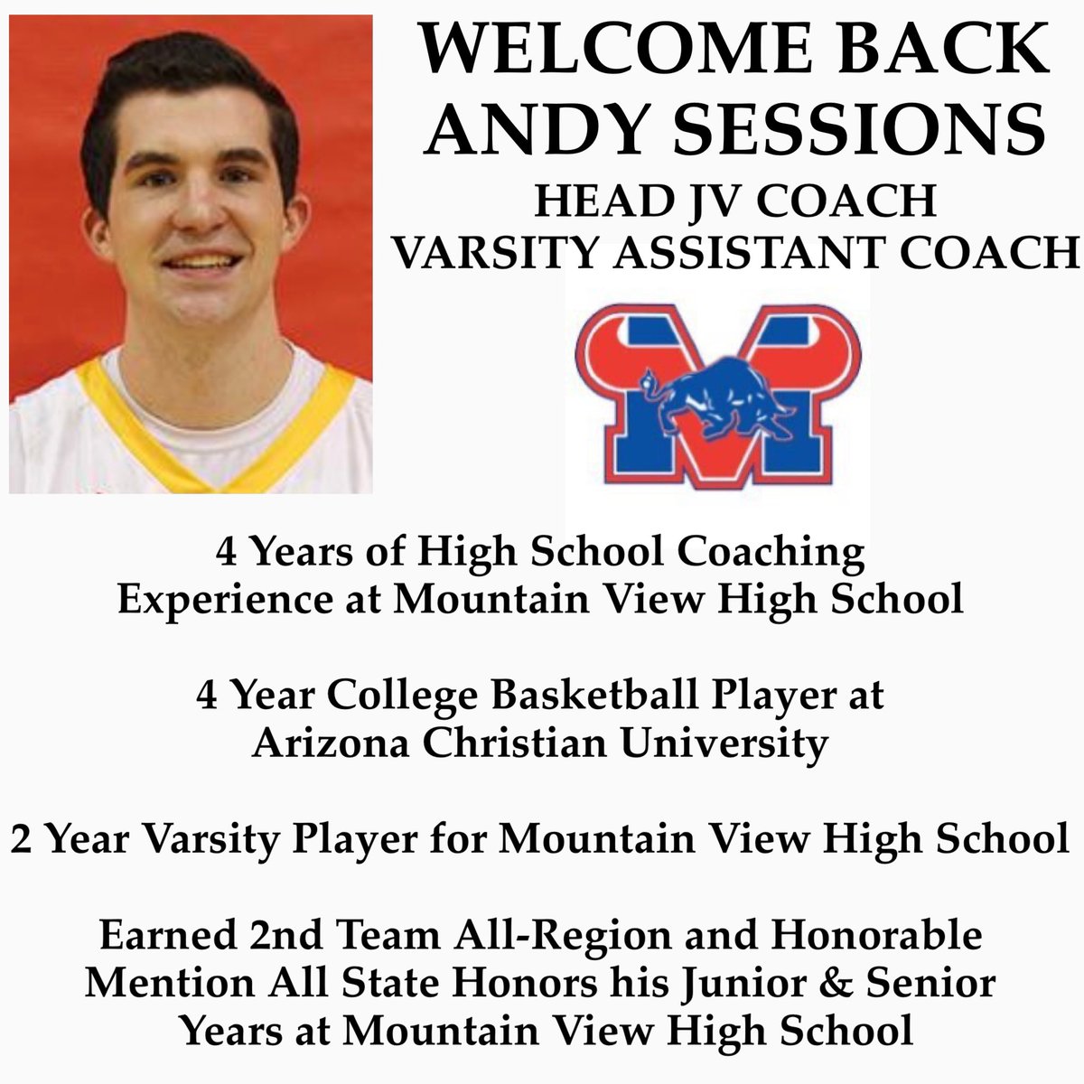 mvt_boysbball's tweet photo. BIG TIME NEWS TORO NATION🤘🏀
Excited to welcome back @MV_Toros Basketball Alum &amp; 4 year Arizona Christian University Basketball Player @ASess22 to the @mvt_boysbball Toro Basketball Staff as our Head JV Coach &amp; Varsity Assistant Coach‼️
#1&amp;0 #WEnotME https://t.co/L94CUpwryi