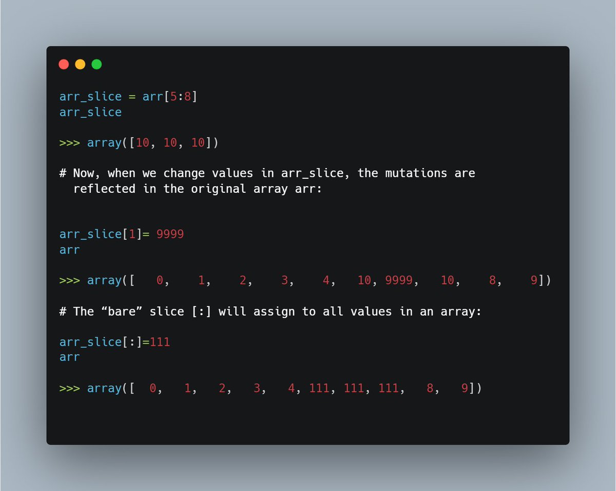 veetaragnagave's tweet image. This means that the data is not copied, and any modifications to the view will be reflected in the source array.
To give an example of this, first create a slice of arr:
#Python #PythonForDataAnalysis