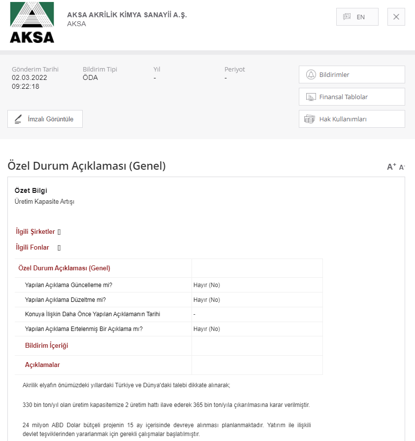 #Aksa'dan 'KAP' açıklaması!

"330 bin ton/yıl olan üretim kapasitemize 2 üretim hattı ilave ederek 365 bin ton/yıla çıkarılmasına karar verilmiştir. 24 milyon $ Dolar bütçeli projenin 15 ay içerisinde devreye alınması planlanmaktadır."

#bist100 #BorsaIstanbul #temettü #XU100