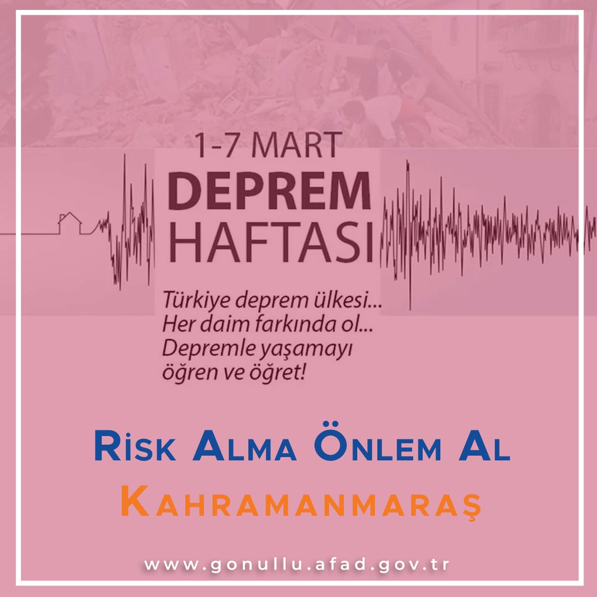 📌 Deprem ülkemizin bir gerçeği ve bu gerçeğe hazırlıklı olmak sadece bizi değil, ailemizi, sevdiklerimizi, herkesi kurtaracak. O yüzden:

“Risk alma, önlem al!

1-7 Mart #DepremHaftası