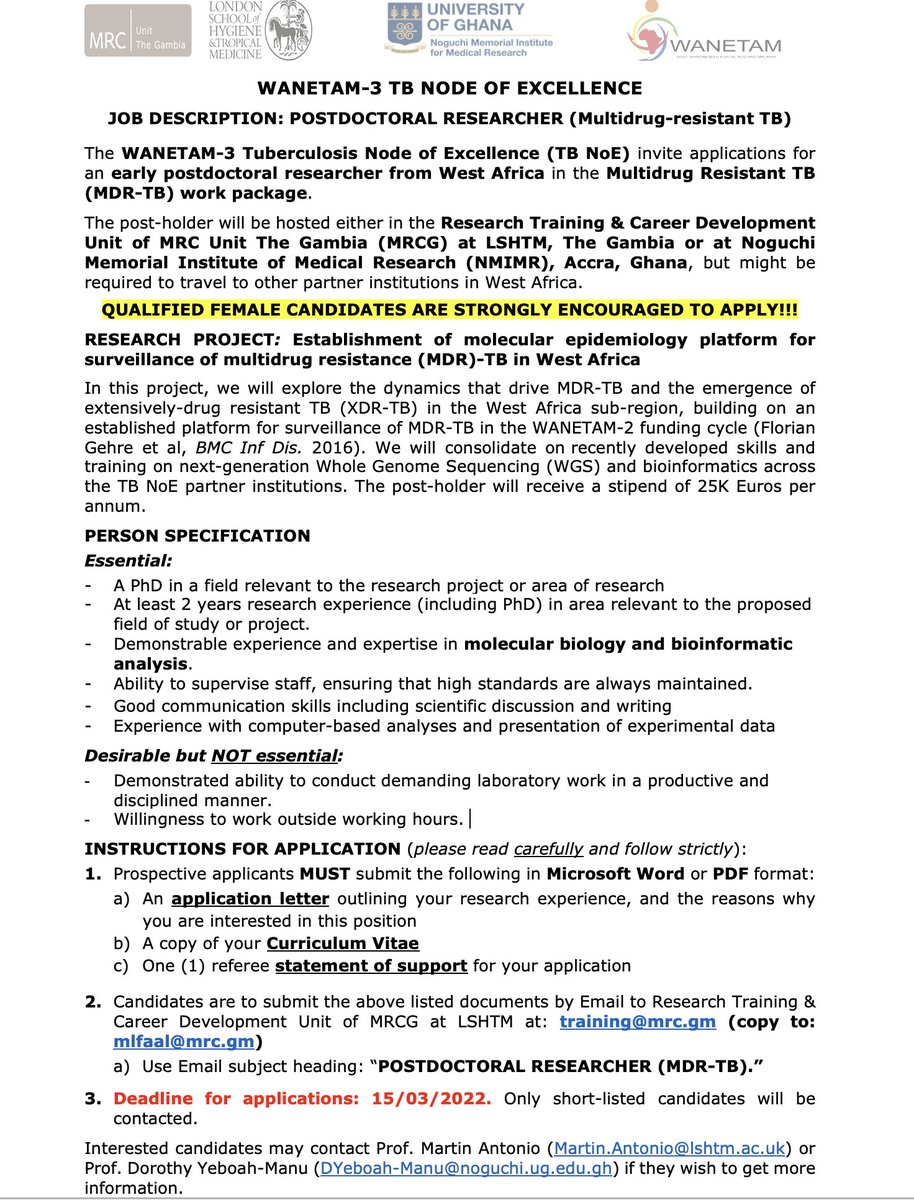 🌟🌟Opening for 2 early-#postdoctoral fellows from #WestAfrica - application deadline now 15 March 2022🌟🌟 Opportunity for #CareerDevelopment & #mentorship within a regional #nodeofexcellence. Research on #ChildhoodTB & #MDRTB with regional travels! @LSHTM_TB @mrcunitgambia