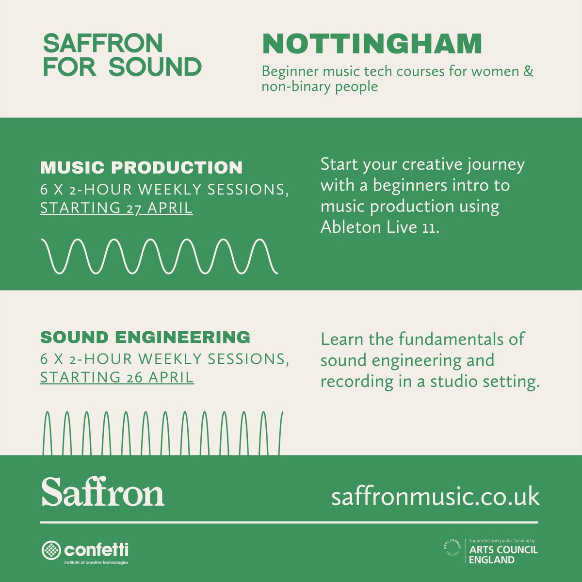 SaffronRecords's tweet image. Our next round of beginner #musicproduction and #studioengineering courses in #Nottingham will be kicking off at the end of April. Here&apos;s all the info you need to apply.

📥 saffronmusic.co.uk/projects/saffr…

Applications close: 6pm 25th March

Supported by @ace_national @Confetti_ICT