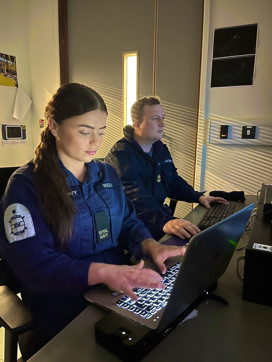 It’s raining, it’s pouring, AB Booth is trials recording. It’s vital that we collate data to help us develop future operating procedures for MMCM. Also, LS Murray is carrying out post mission analysis on the Towed Sonar. #MASTTeringMCM @ThalesUK @navy_women
