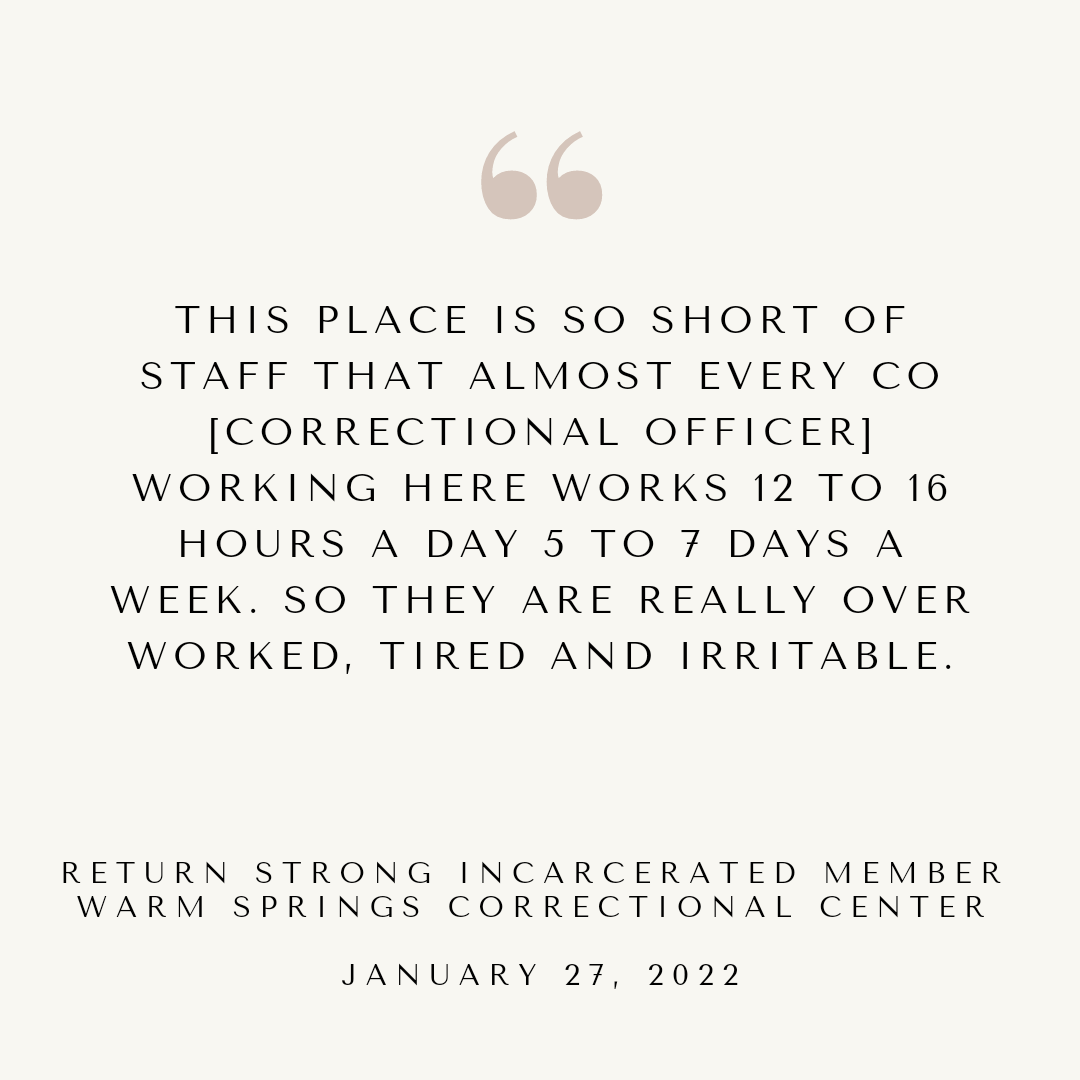 returnstrongnv's tweet photo. The staffing shortages within @NevadaDOC are putting the physical and mental wellbeing of staff and our incarcerated members at risk. This member wrote to us because he's so concerned about the hours staff are working at Warm Springs Correctional Center. It is not safe or fair. https://t.co/zBvAzz0HhM