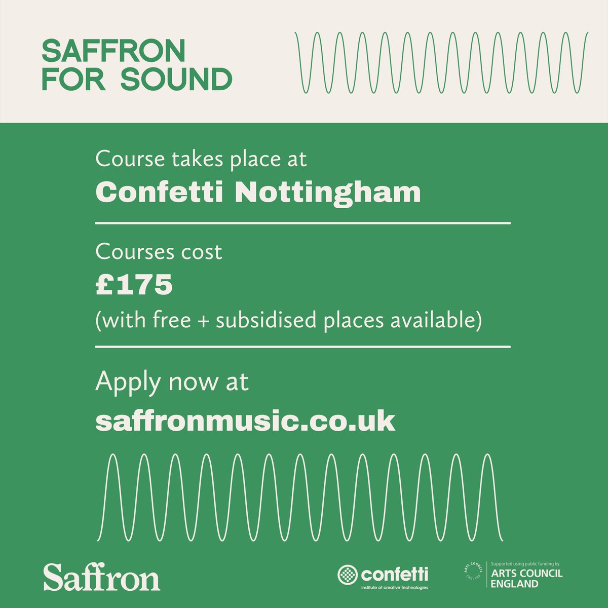 SaffronRecords's tweet image. Our next round of beginner #musicproduction and #studioengineering courses in #Nottingham will be kicking off at the end of April. Here&apos;s all the info you need to apply.

📥 saffronmusic.co.uk/projects/saffr…

Applications close: 6pm 25th March

Supported by @ace_national @Confetti_ICT