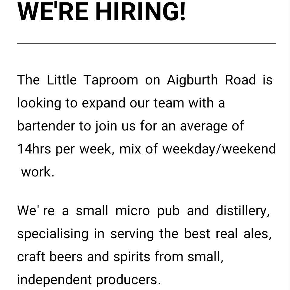 AigburthTap's tweet photo. 📣📣 EXITING NEWS 📣📣
We're looking to expand our team with a bartender to join us for an average of 14hrs per week, mix of weekday/weekend work. https://t.co/fnGGZ19Re6