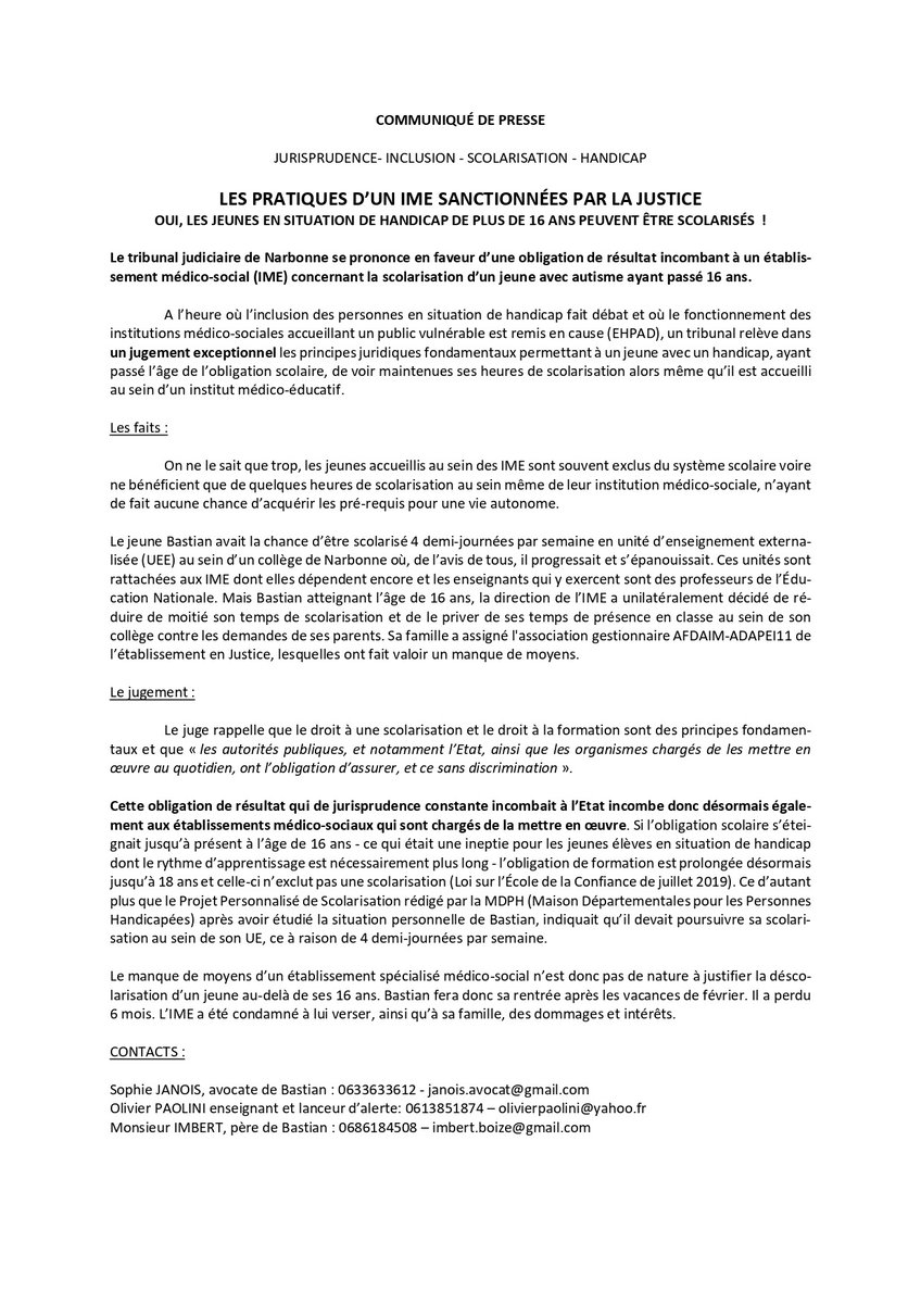 Les pratiques d'un IME sanctionnées par la Justice :
OUI, LES JEUNES EN SITUATION DE HANDICAP DE PLUS DE 16 ANS PEUVENT ÊTRE SCOLARISÉS  !
Cf communiqué de presse :
#handicap #autisme #inclusion <a href="/s_cluzel/">Sophie Cluzel 🇨🇵🇪🇺</a> <a href="/olivierveran/">Olivier Véran</a> <a href="/CCompagnon_/">CLAIRE COMPAGNON</a> <a href="/Defenseurdroits/">Défenseur des droits</a>