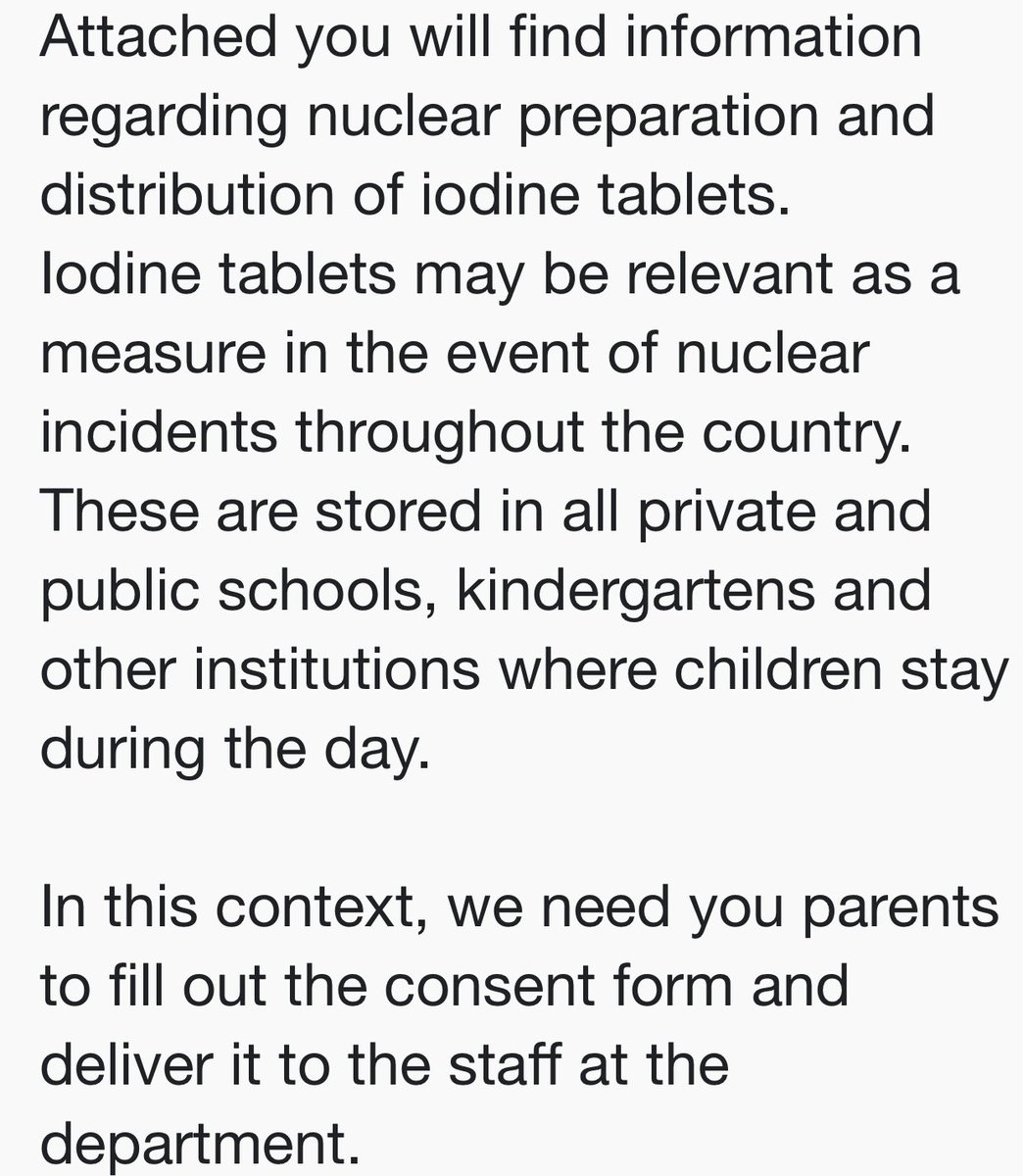 SonyKapoor's tweet photo. So, our #kindergarten in #oslo #norway has just sent out this email for our permission to give the kids #iodinetablets in case of a #nuclearattack 

I honestly don’t know how to react! Anyone else out there getting similar pings? #madman #putin https://t.co/eIpsGoKumZ