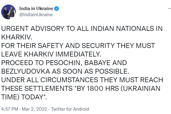 pushpendrakum's tweet photo. Embassy of India in Ukraine issues an urgent advisory to Indian nationals in Kharkiv. https://t.co/mFLiCG9uO1