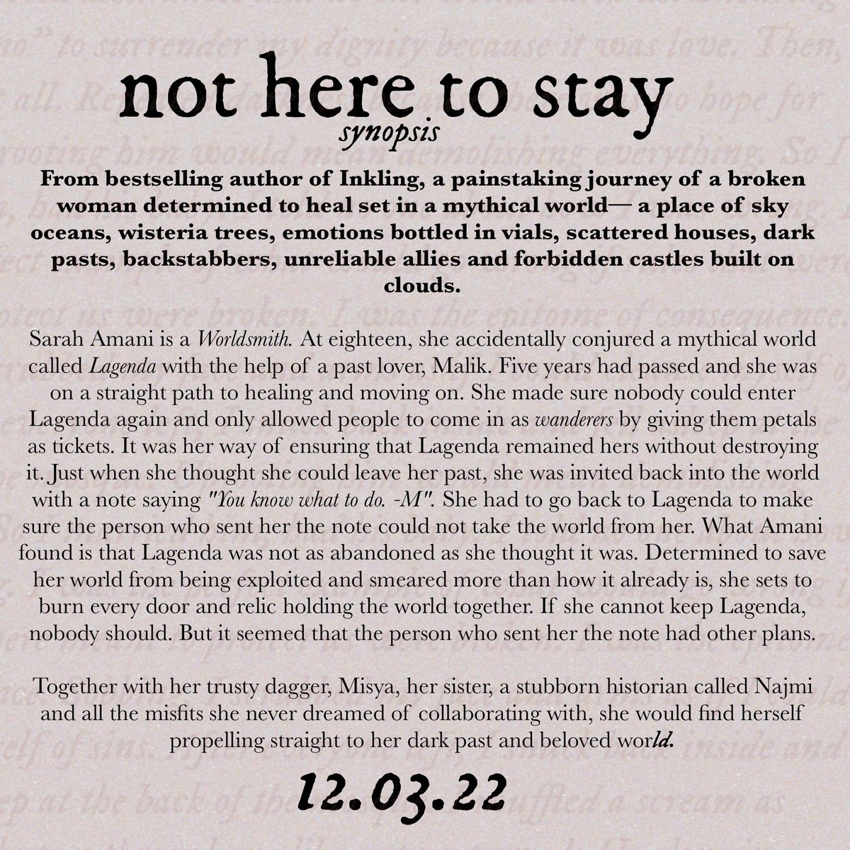 heyitsnf's tweet photo. Not Here to Stay by N.F Afrina, coming 12.03.22 

Genre: fantasy (magical realism)
Number of pages: 641 pages 😏

#notheretostay @whitecoatent https://t.co/oIR5qqwNe8