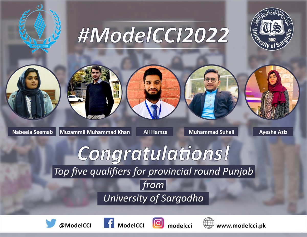 ModelCCI's tweet photo. #Congratulations to the top five students from the University of Sargodha!

The top five students are:

Ms. Nabeela Seemab
Mr. Muzammil Muhammad Khan
Mr. Ali Hamza
Mr. Muhammad Suhail
Ms. Ayesha Aziz

These students will participate in the #ModelCCI Punjab provincial round. https://t.co/zSgnZJ2M9c
