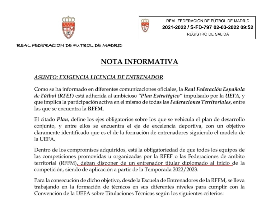 ÚLTIMA HORA! La <a href="/RFFM_oficial/">RFFM</a> pone como obligatoriedad para la temporada 2022/2023 que todos los equipos de Madrid tengan que tener un entrenador titulado con el título oficial de Técnico Deportivo Grado medio Nivel 1 y Nivel 2 o Técnico Deportivo Grado Superior Nivel 3. 👇