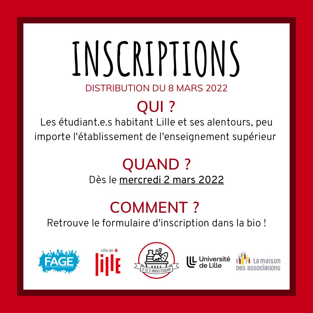 LeChtiPanier's tweet photo. ‼️ Inscriptions pour la distribution du 8 mars 2022
 
🧺 Pour bénéficier d’un Ch’ti Panier, devenir bénévole ou faire un don : https://t.co/RXXLmcYmgv
 
❤️ Merci à @la_fage, @lillefrance, @univ_lille et la MDA de Lille pour leur soutien
 
⚠️ Le nombre de paniers est limité https://t.co/dTcW2QuByD