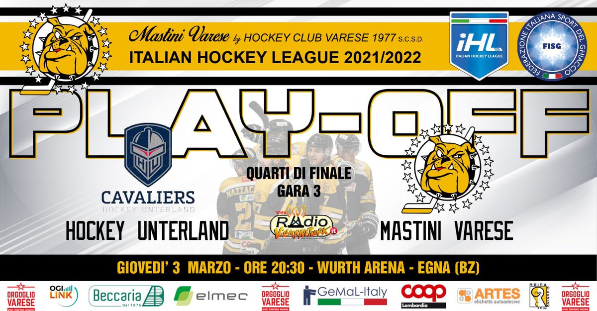 E domani sarà già il momento di GARA-3!🚀

I mastini partiranno per Egna per disputare la terza partita di play off contro i @hockeyunterlandcavaliers 🏒💪🏻

📻Sarà possibile ascoltare la radiocronaca della partita su @radio_village_network 

Forza mastini! Noi ci crediamo!🟡⚫️💪🏻