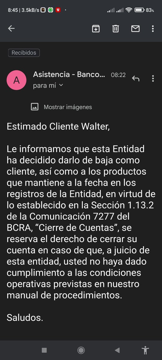 deztinocoins's tweet photo. @bancodelsol @BancoCentral_AR  decepcionado con este banco 2 semanas intentando usar mi cuenta y mi dinero. Los contacte por chat Nadie respondió, luego intenté por email, tampoco, vía WhatsApp: es un bot, vía teléfono me cortan  y me llega mail de cierre de cuenta. Cuidado!! https://t.co/9jhSxTA3W2