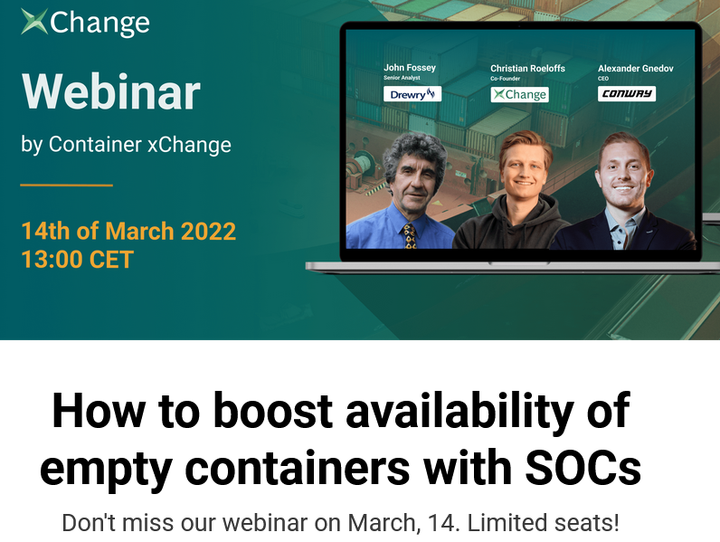 DrewryShipping's tweet photo. New webinar alert!
💻 Boost reliability for empty containers with SOC containers
📆 Monday 14 March 2022 | 13:00 - 13:45 CET
📍Online via Zoom
Register here: https://t.co/6nkdel0Drq @ConXchange
#webinar #shipping #containers #containertrading #containerleasing https://t.co/ibPiKEBg6t