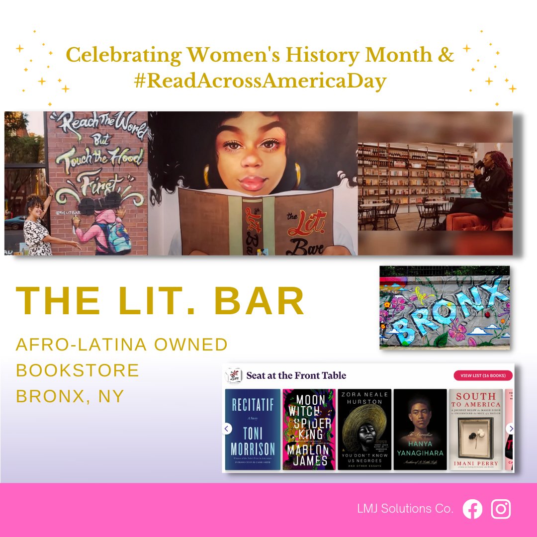 LMJSolutionsCo's tweet photo. In honor of Women's History Month, we are spotlighting women-owned businesses. The Lit. Bar bookstore offers a selection of general interest books, gift items, and programming for all ages. Check out The Lit Bar: https://t.co/BkZUvPXzMn
#LMJSolutions #ReadAcrossAmericaDay https://t.co/4jTegeA6YO