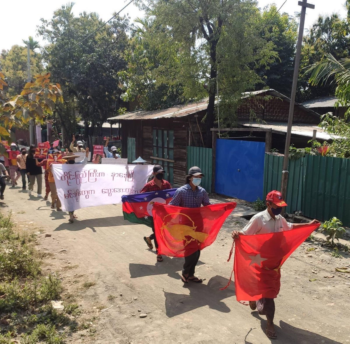 TTFR__Myanmar's tweet photo. Revolutionary residents from Kale staged the 388th day of strike to oppose the military dictatorship. #2022Mar2Coup 
#SanctionAviationFuel 
#WhatsHappeningInMyanmar https://t.co/a0lEMUlC6z