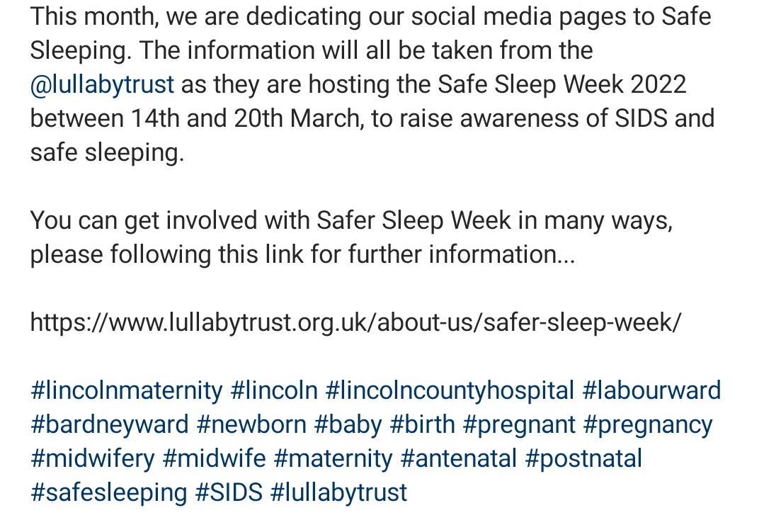 ULHT Lincoln Maternity (@ulhtmaternitylc) on Twitter photo 💛Safe Sleep Week/Month💛
This month, we are dedicating our social media pages to Safe Sleeping. The information will all be taken from the <a href="/LullabyTrust/">The Lullaby Trust</a> as they are hosting the Safe Sleep Week 2022 between 14th and 20th March, to raise awareness of SIDS and safe sleeping. 💛Safe Sleep Week/Month💛
This month, we are dedicating our social media pages to Safe Sleeping. The information will all be taken from the <a href="/LullabyTrust/">The Lullaby Trust</a> as they are hosting the Safe Sleep Week 2022 between 14th and 20th March, to raise awareness of SIDS and safe sleeping.