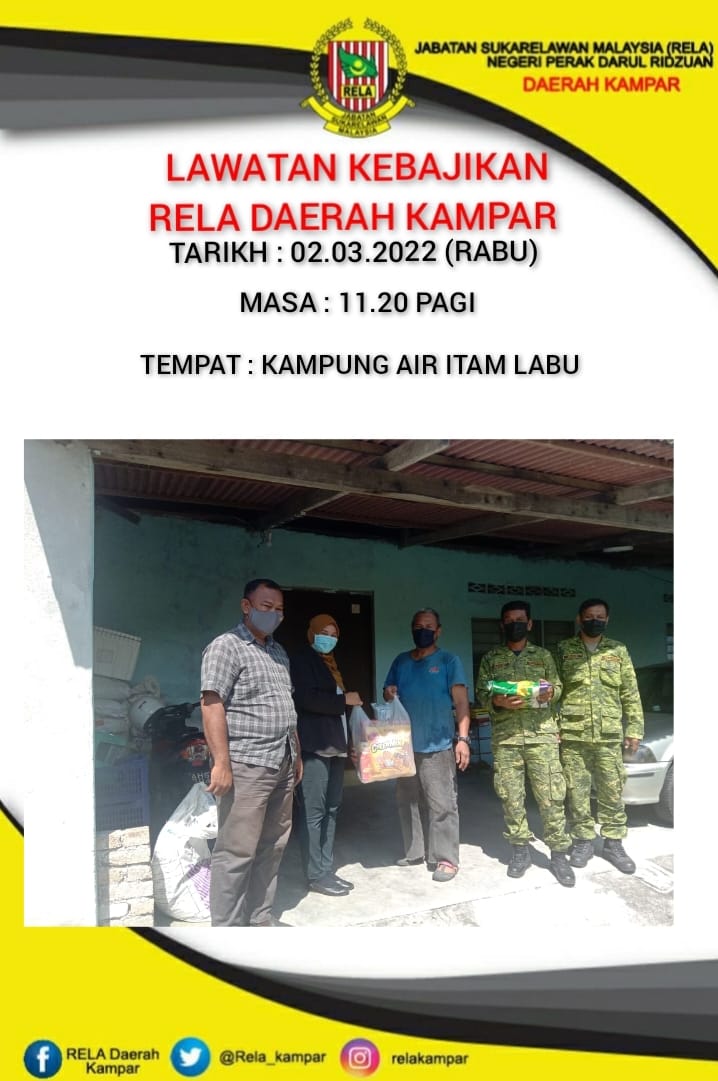 Rela_Kampar's tweet photo. *LAWATAN KEBAJIKAN ANGGOTA RELA DAERAH KAMPAR*

Lokasi : Kampung Air Itam Labu

Tarikh : 2/3/2022 (Rabu)

Masa  : 11.20 Pagi 

Kehadiran :
1) 1 X PRD 
2) 1 X PPRD 
3) 3 X Anggota LLP https://t.co/ntyBLiaR6z