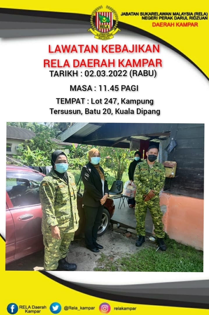 Rela_Kampar's tweet photo. *LAWATAN KEBAJIKAN ANGGOTA RELA DAERAH KAMPAR*

Lokasi : Lot 247, Kampung Tersusun, Batu 20, Kuala Dipang 

Tarikh : 2/3/2022 (Rabu)

Masa  : 11. 45 Pagi 

Kehadiran :
1) 1 X PRD 
2) 1 X PPRD 
3) 3 X Anggota LLP https://t.co/NyO9GsX8rq