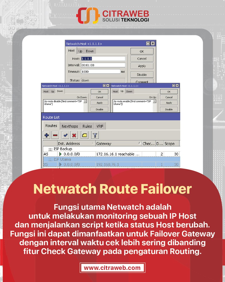 mikrotik_id's tweet image. Dengan fitur Netwatch, kita bisa melakukan monitoring sebuah IP Host dan menjalankan script ketika status Host berubah.

Pelajari selengkapnya melalui Video dan Artikel berikut:
youtu.be/1lfeg3HExa0
citraweb.com/artikel_lihat.…

#FailOver #Netwatch #MikroTikTutorial #Citraweb