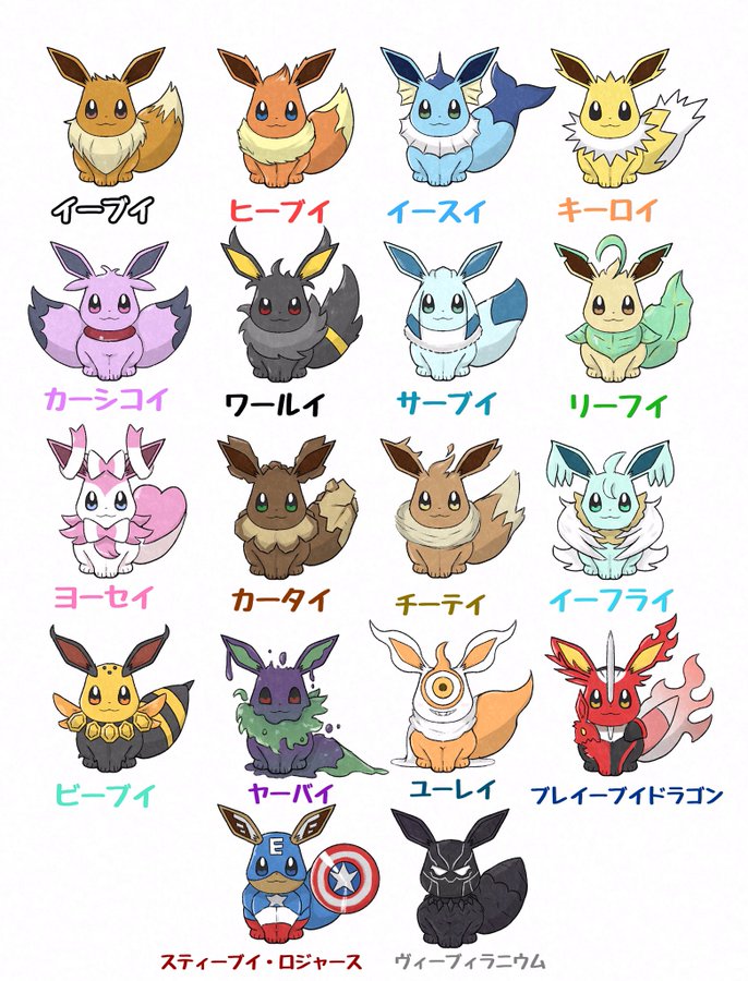 イーブイを進化させずに全タイプ描いたイラストのネーミングセンスが抜群と話題 ポケブラリー