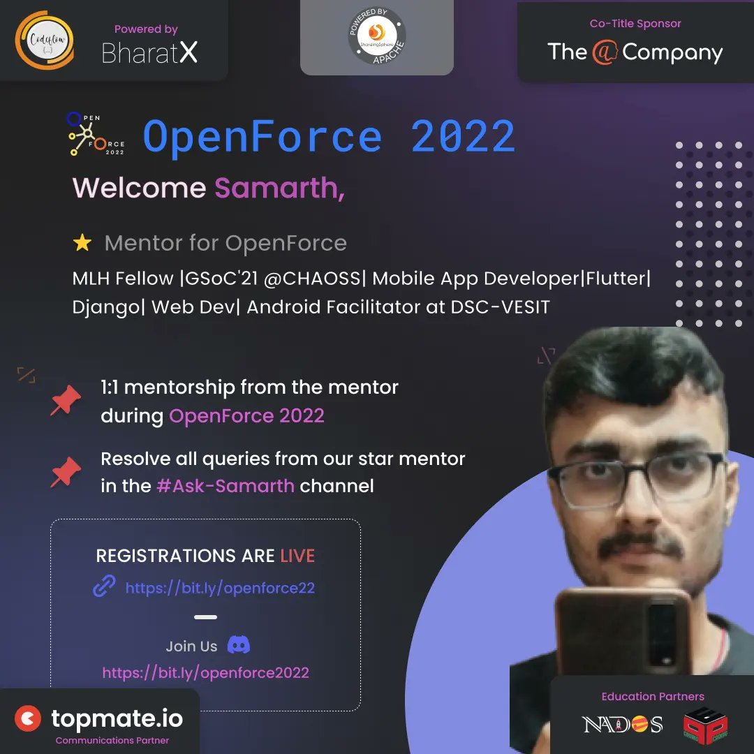We welcome Our Star Mentors for OpenForce 2022 powered by BharatX and The @ Company✨ You can connect with them on Codeflow discord and topmate.io for 1:1 Mentorship Meetings.

#codeflow #openforce22 #opensource #community #event #fliptheinternet #outreachy
