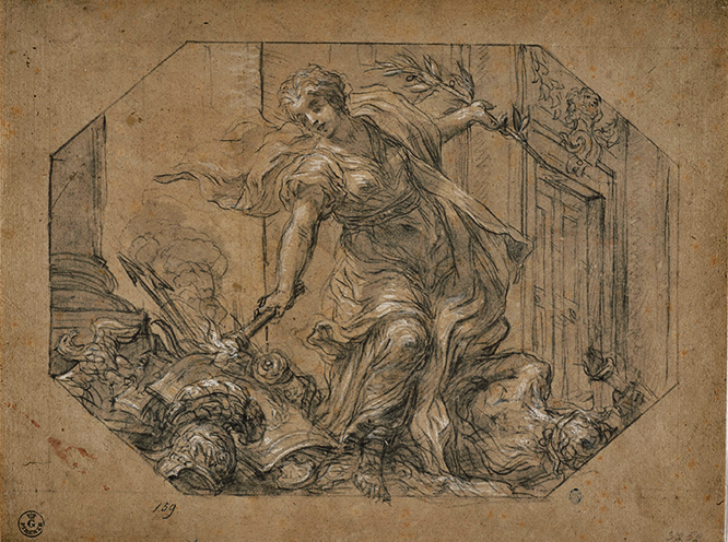 #Museumsagainstwar | L'Italia ripudia la guerra.
La #Pace incendia un trofeo d'armi e mette fine alla guerra, disegno a matita nera e biacca su carta scura di Baldassarre Franceschini detto il Volterrano, XVII sec. #GDS
#CultureUnitestheWorld