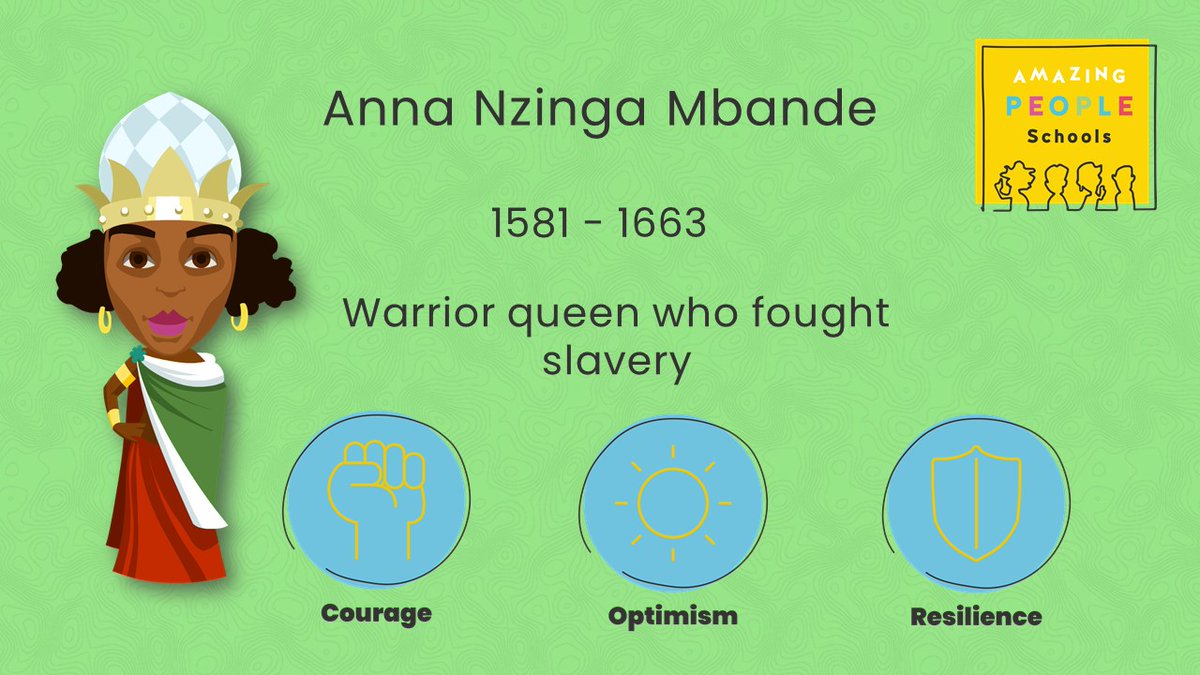 Celebrate women's history month by exploring one of our amazing women.
Today 2/31 - Queen Anna Nzinga
This amazing woman fought off the Portuguese wanting to take her people as slaves. 
Find out more here amazingpeopleschools.com