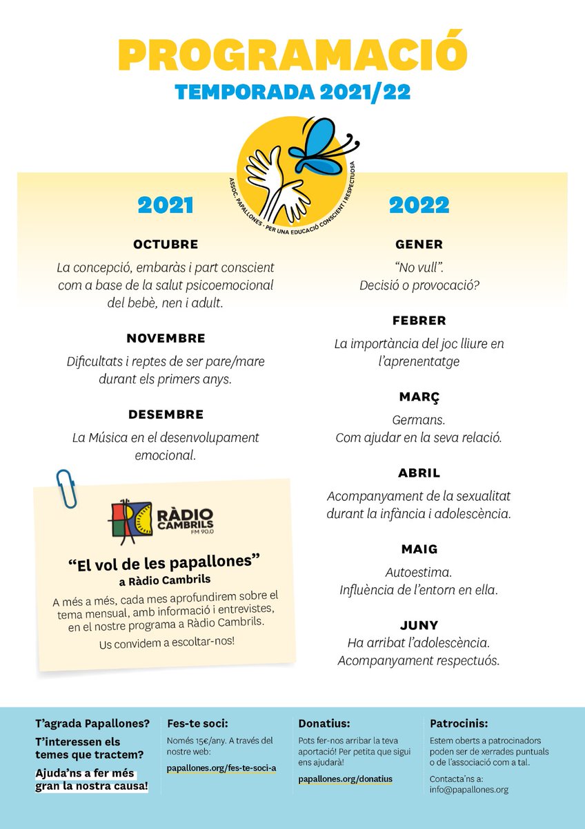 PapallonesAssoc's tweet photo. Recordem la nostra programació anual.
Vols aportar idees perquè tractem algun altre tema? T’agradaria que els espais familiars siguin més freqüents per compartir inquietuds? T’animem a enviar-nos les teves propostes a info@papallones.org. 
Us hi esperem! https://t.co/ucGj1gISQj