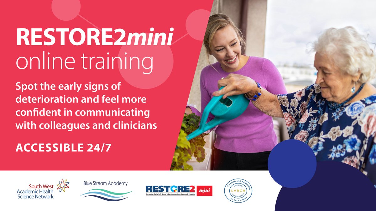Free #RESTORE2mini online training for those working in #socialcare to spot signs of deterioration &amp; feel more confident communicating with colleagues &amp; clinicians.

Access here 👉www2.bluestreamacademy.com/Enquiry/Index #freetraining #PatientSafety #Deterioration #RESTORE2mini
