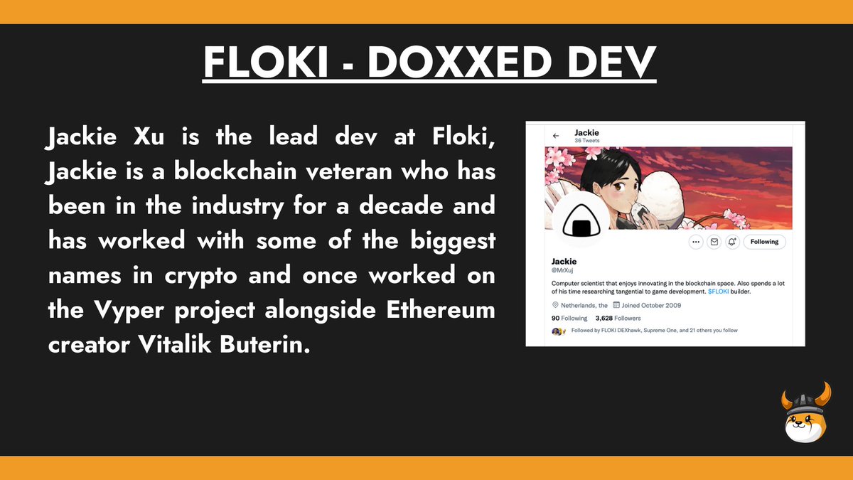 𝐅𝐋𝐎𝐊𝐈 – 𝐃𝐨𝐱𝐱𝐞𝐝 𝐃𝐞𝐯 Jackie Xu is the lead dev at $FLOKI,  @MrXuj is a blockchain veteran, been in the industry for a decade & worked  with some of the biggest names