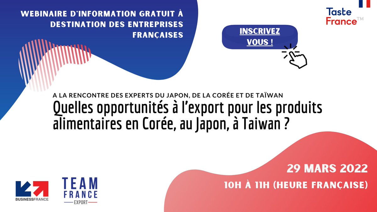 💡Découvrez les opportunités pour les produits alimentaires en Corée, au Japon, à Taiwan via un Webinaire gratuit le 29 mars, de 10h à 11h (heure de France) 🇯🇵🇰🇷🇹🇼>> www2.teamfrance-export.fr/l/591721/2022-… <<

#produitsalimentaires #export #japon #coree #taiwan @BF_Food <a href="/BFrance_Japan/">フランス貿易投資庁-ビジネスフランス</a> @BF_Coree