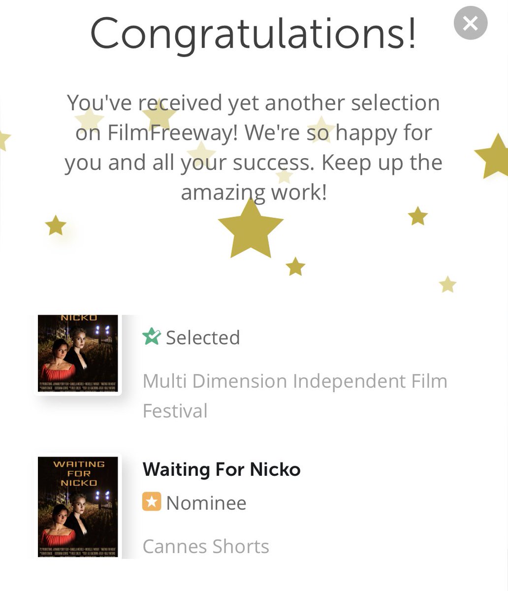Amazing news! Waiting For Nicko was just nominated for an award at Cannes Shorts 2022 and selected by Multi Dimension Independent Film Festival via FilmFreeway.com! Well done Team! 🎬🎥👍🌟🥰