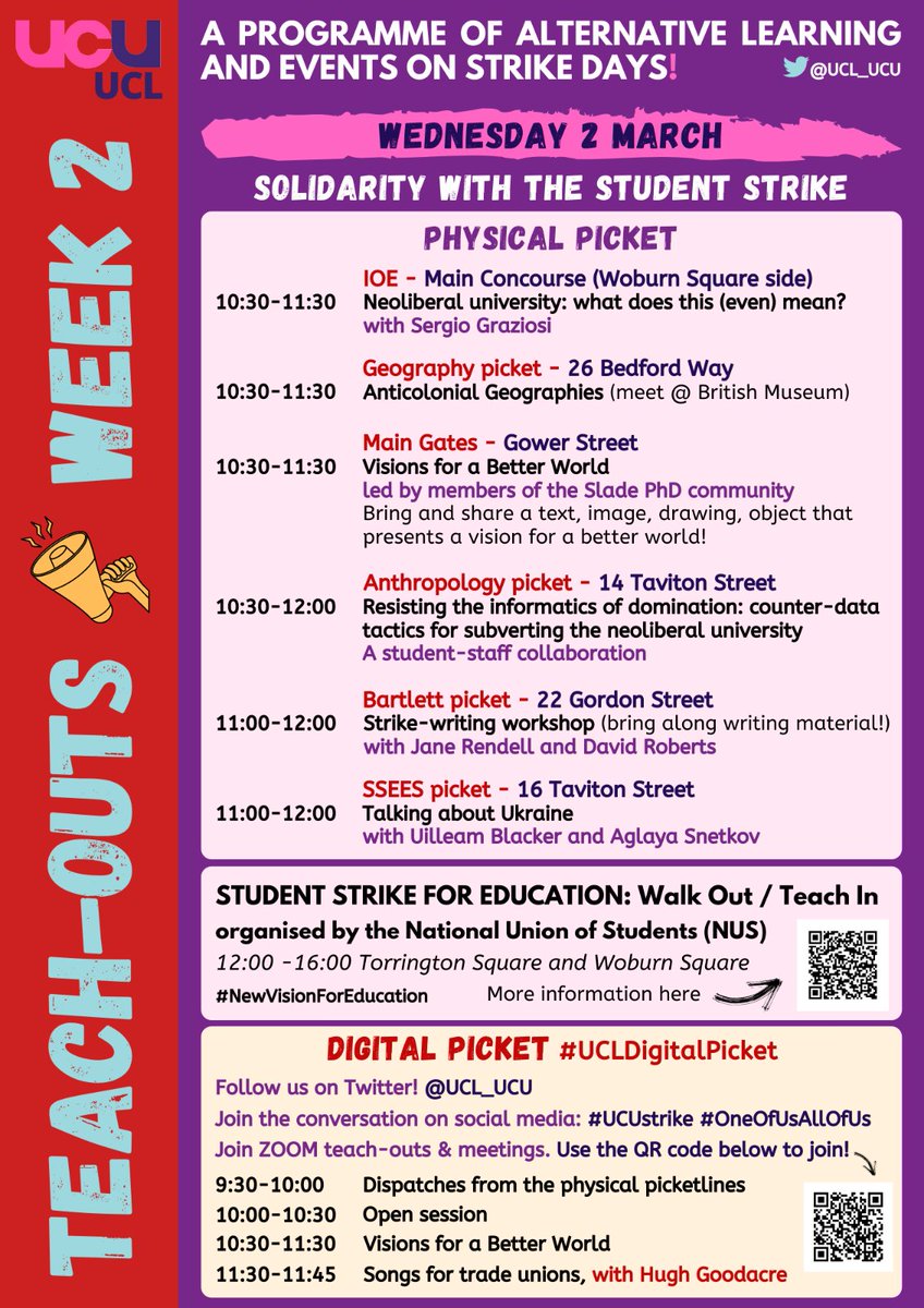 Morning @UCL_UCU pickets! for strike day 5 we have another amazing teach out prog and the digital picket is still on as well as the physical picket @ 12:30 we’re converging with other London branches outside UUK ans UCEA HQ Tavistock sq to make some noise! #OneOfUsAllOfUs