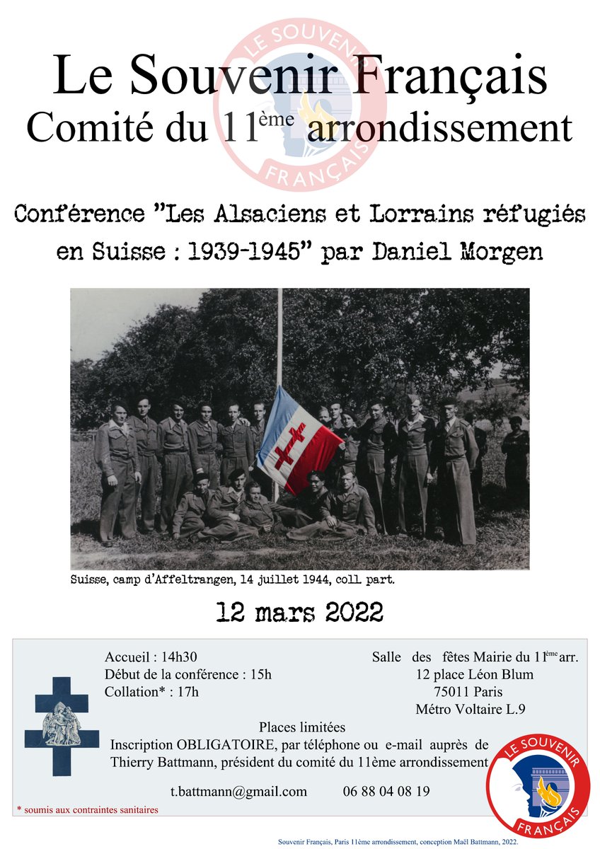 Nouvelle conférence le samedi 12 mars ! Animée par M. Daniel Morgen, elle aura pour thème les Alsaciens et Lorrains réfractaires à l'annexion allemande et réfugiés en Suisse. Inscription obligatoire auprès de Thierry Battmann, président du comité du 11e.
L'évènement est gratuit !