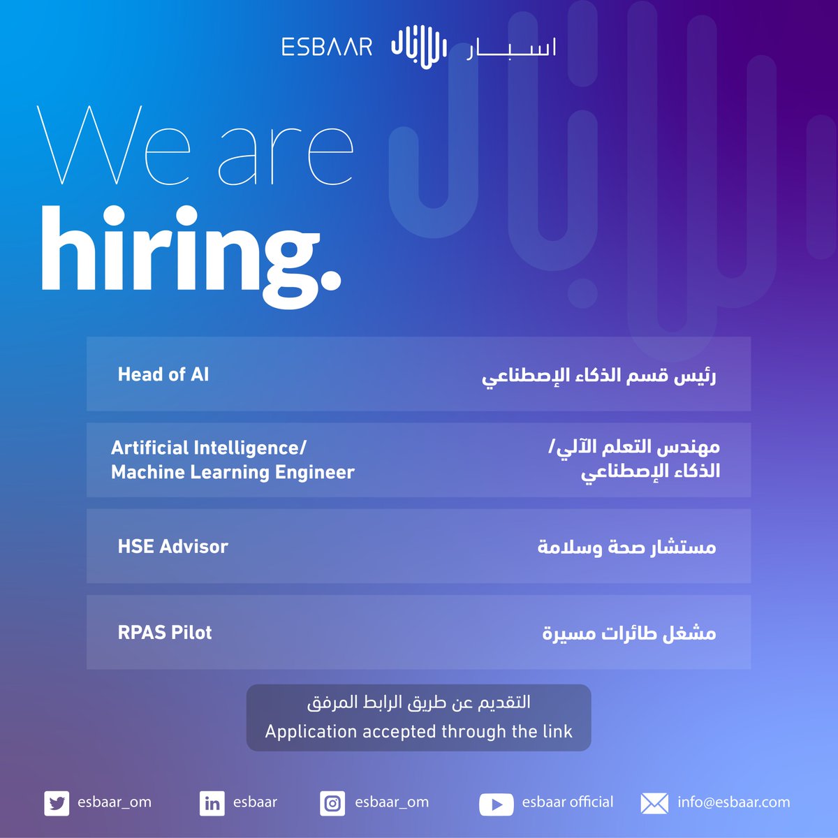 انضم إلى فريق إسبار!
سيتم فقط قبول الطلبات المقدمة من خلال الرابط التالي:
Join ESBAAR's team!
Applications are accepted only through the following link:
esbaar.com/careers