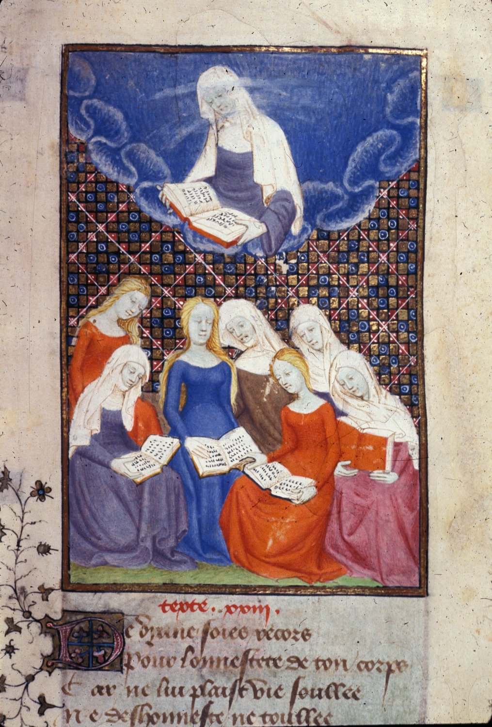 Detail of a miniature of Diana presiding over an assembly of women reading