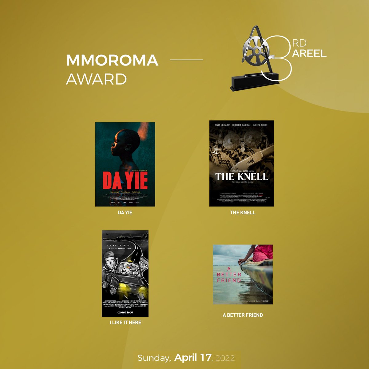 the_AREEL's tweet photo. This new category honours a short local language film of pure Ghanaian descent that throws light on societal issues.
Congratulations to @theAREEL_ 2022 “Mmoroma Award” nominees! 🤩
#theAREEL #AREEL2022
#theAREELawards #AREEL #MmoromaAward https://t.co/SQrluQyrmP