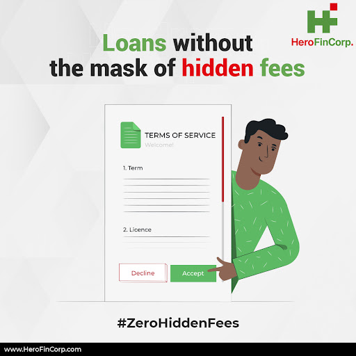 HeroFinCorpLtd's tweet photo. Hero FinCorp believes in 100% transparency and disclosure around loan fees. When you take loans from us, you never pay money in the form of hidden charges. #zerohiddenfees

#HeroFinCorp #Hero #loan #loans #credit #nohiddencharges #loanfees #finance #loantips https://t.co/uVd8ULxJPQ