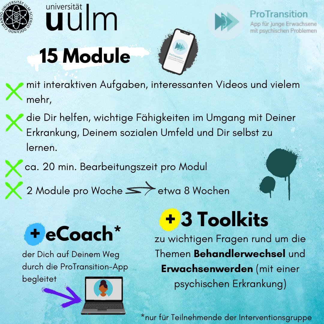 ProTransition's tweet image. Was erwartet die jungen Erwachsenen in der ProTransition-App? 15 #Module und 3 #Toolkits helfen beim Aufbau wichtiger Fähigkeiten (z.B. Umgang mit Gefühlen &amp;amp; Gedanken) und bei Fragen zu den Themen Behandlerwechsel und Erwachsenwerden.  #psychischegesundheit #transition #uniulm